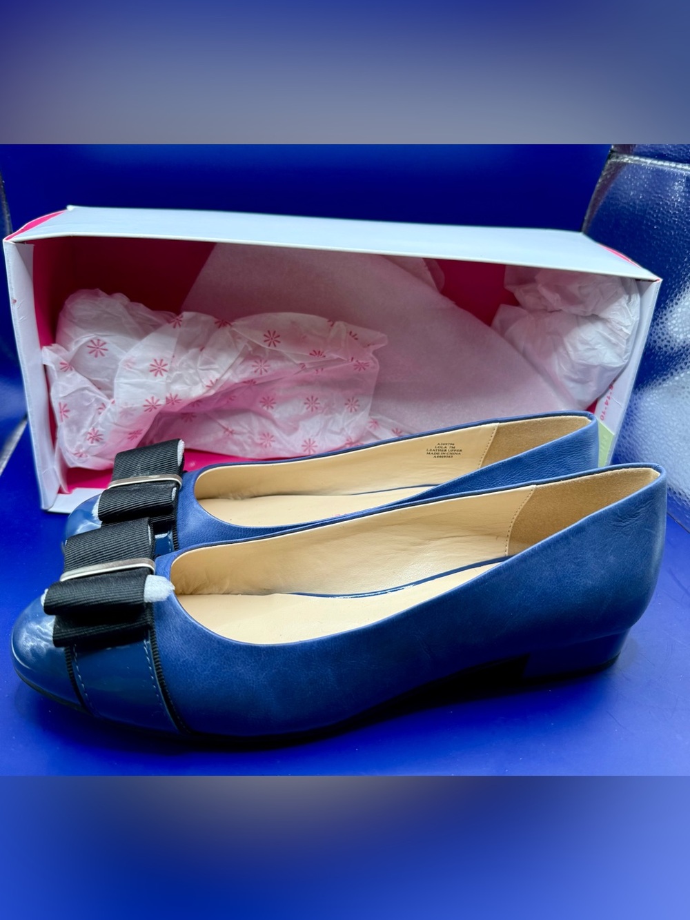 Isaac Mizrahi Live! LOLA Ballet Flats Royal Blue 7M Black Bow Patent Cap Toe NIB